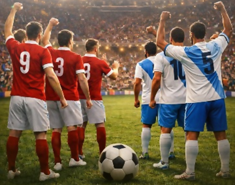 Футбольные команды в форме красного и бело-голубого цветов стоят спинами к камере на футбольном поле. На фоне трибуны, заполненные зрителями, болельщики радуются. На переднем плане лежит мяч